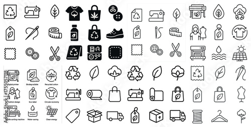 Sustainable fashion line icons set – outline, eco-friendly, clothing and accessories