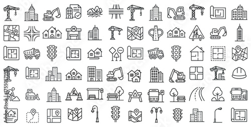 Construction and infrastructure icons set – outline, linear, building and tools symbols
