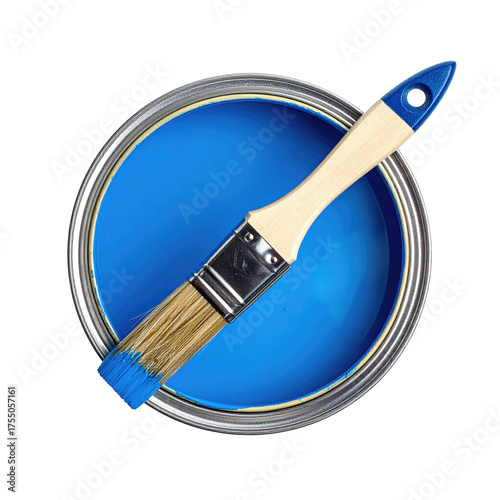 Top-down view of a paint can filled with bright blue paint with a brush resting on top