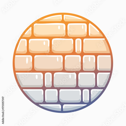 A circular graphic icon of a stylized brick wall with a warm orange to cool blue gradient.