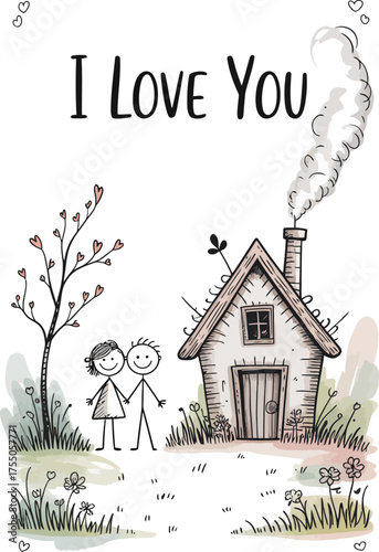 Love's Abode: Charming illustration of a stick figure couple, hand-in-hand, stands before a quaint house with I Love You written above, conveying warmth and affection.