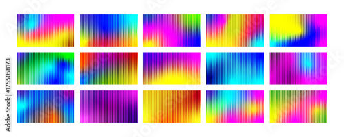 Set of colorful refracted gradients of glass texture background. Trendy striped texture for modern futuristic technology backgrounds, banners, posters, presentations. Vector graphic design element  