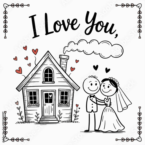 Wedding Home Illustration: A charming illustration depicts a couple embracing in front of a cozy home, accompanied by romantic symbols and a heartfelt message of love.