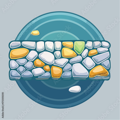 A stylized illustration of a colorful stone wall or path set against a circular blue background.