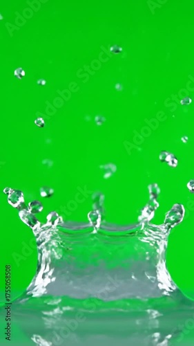 Floating water droplet against a vibrant green background in studio setting