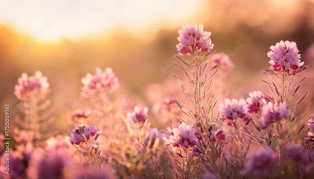 Obraz premium Dreamy Close Up Of Pink Wildflowers Blooming In A Soft Meadow With Warm Golden Sunset Bokeh Delicate Floral Nature Background Perfect For Romantic Spring And Garden Themes