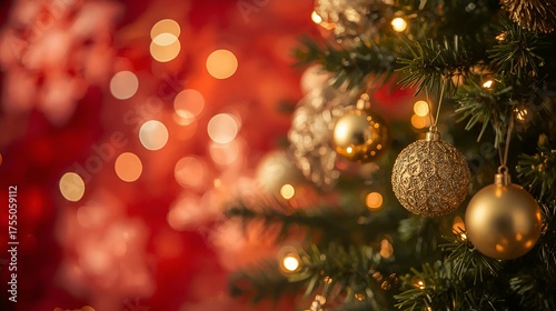 Macro view of Christmas tree branch with red ornament.