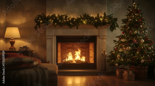 Cozy Christmas fireplace with garland and soft lighting.