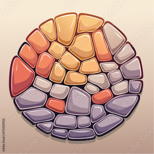 A circular mosaic of colorful, irregularly shaped stones with a glossy finish.
