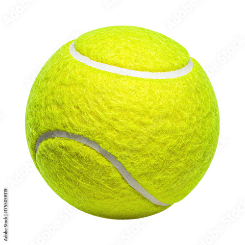 A vibrant yellow tennis ball with its characteristic white seams, isolated against a black background