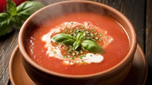 Fresh tomato soup in rustic bowl garnished with herbs and cream