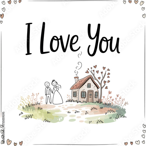 Love's Everlasting Home: A tender illustration captures the essence of love's journey, depicting a couple's hopeful path towards a charming home, symbolizing enduring togetherness. 