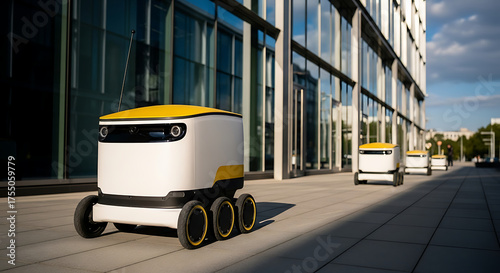 Autonomous delivery robots on a city street near modern office buildings