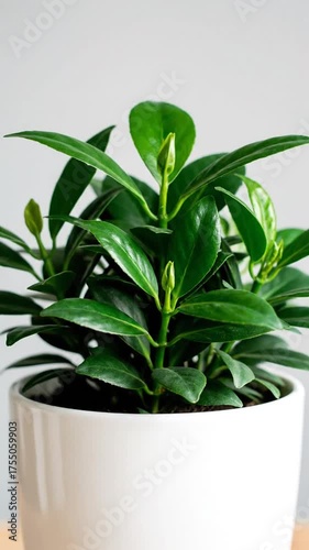 Green houseplant in a white ceramic pot against a neutral background