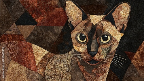   A stunning portrait of a feline, captured with surprise etched on its visage and a mosaic backdrop