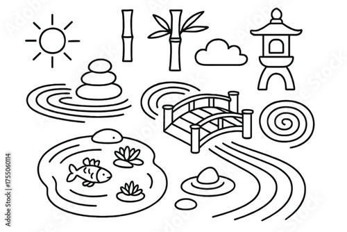 Zen Garden Illustration. Zen Garden. Hand-drawn doodle illustration Zen Garden sand raked stones bamboo tree lantern pond bridge koi fish cloud sun. Simple