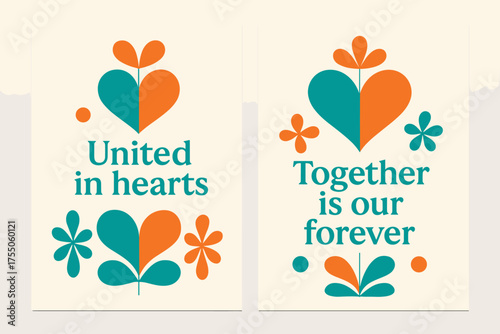 United in Hearts Banners. United in hearts. Two vertical A6 banners with safe margins, centered composition, no elements touching edges, geometric, turquoise