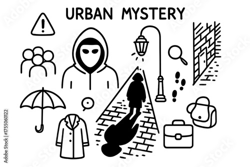 Urban Enigma Doodle. Urban Mystery. Hand-drawn doodle illustration Urban Mystery hooded figure masked person street lamp shadow alley crowd umbrella coat