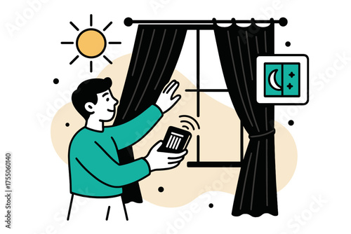 Smart Curtain Control. Automated Curtains. Person controlling smart curtains with smartphone, floating abstract sun and window icons, soft shading indicating
