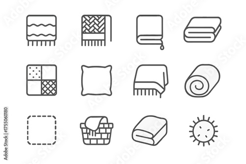 Cozy Blanket Icons. Cozy blanket. Line icon set of Cozy blanket: blanket, knitted throw, fleece, tassel, folded blanket, patterned quilt, pillow, bedspread,