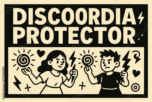 Discordia Protector Banner. Discordia Protector banner, flat vector illustration, bold oversized text inside rectangular frame, cartoon characters standing and