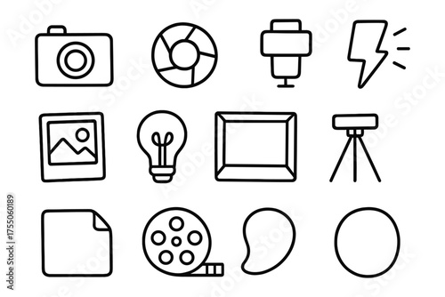 Camera Icon Doodle. Photo Effects. Hand-drawn doodle illustration Photo Effects camera lens filter flash tripod polaroid light bulb frame sticker film reel