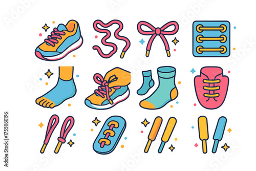 Colorful Shoelace Icons. Tying Shoelaces. Colorful isometric vector icons set of Tying Shoelaces: sneakers, shoelaces, knot, bow, shoe eyelets, foot, hand,