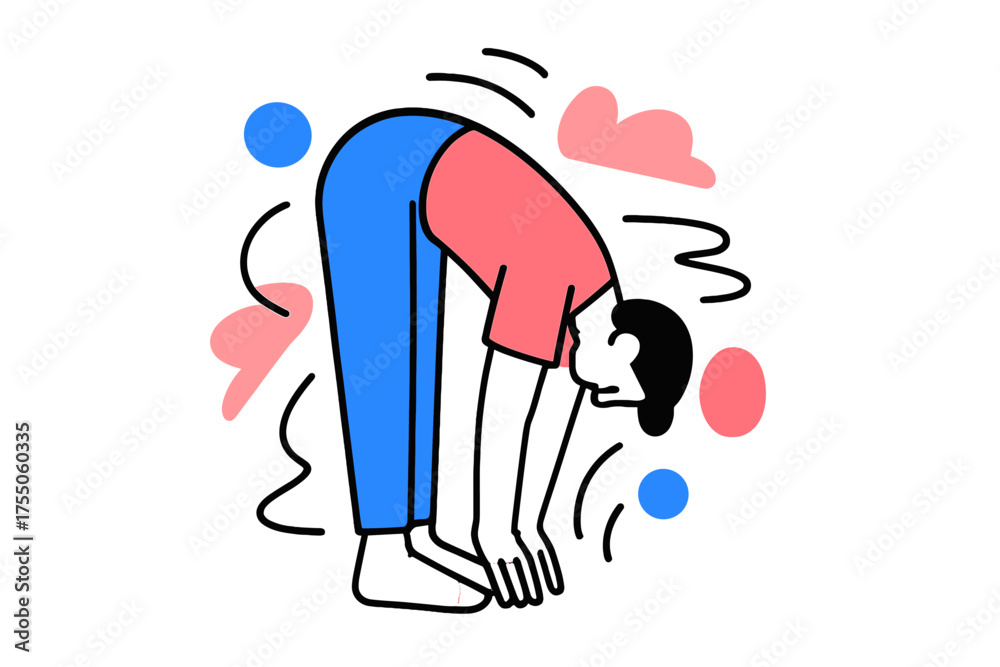 Fototapeta premium Dynamic Yoga Pose. Forward Fold. Person bending forward from standing, arms reaching toward toes, abstract motion lines and floating shapes emphasizing