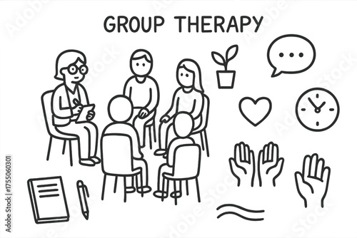 Group Therapy Doodle. Group Therapy. Hand-drawn doodle illustration Group Therapy people sitting circle chairs therapist notebook pen speech bubble heart hands