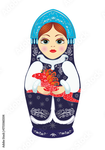 Russian Matryoshka doll Snow Maiden  holding a decorative red horse a symbol of 2026. Blue festive New Year's costume with snowflakes and patterns. Crown on head. Vector 