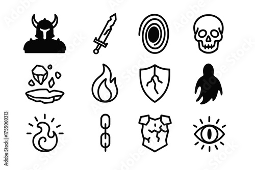 Cursed Realm Icons. Cursed realm. Line icon set of Cursed realm: dark knight silhouette, cursed sword, void portal, skull, floating rocks, eerie flame, cracked