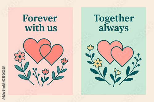 Intertwined Hearts and Flowers. Forever with us. Two vertical A6 banners with safe margins, centered composition, no elements touching edges, flat vector