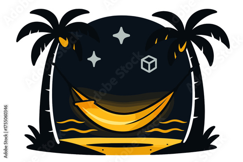 Vibrant Beach Hammock. Beach hammock. Glowing hammock tied between two palm trees, with glowing waves in background. Floating icons of sparkle, star, and cube