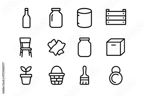 Creative Reuse Icons. Creative home reuse. Line icon set of Creative home reuse: wine bottle, glass jar, tin can, wooden crate, old chair, fabric scraps, mason