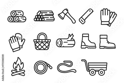 Outdoor Firewood Icons. Outdoor firewood gathering. Line icon set of Outdoor firewood gathering: log pile, firewood stack, axe, saw, hatchet, gloves, basket,