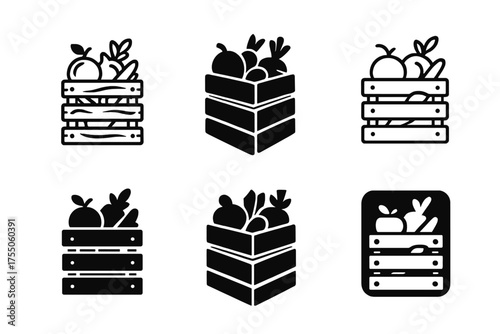 Produce Logo Showcase. Produce Display. Set Logo of Produce Display: stacked crates of fresh produce. harmonious logo variations of the same emblematic