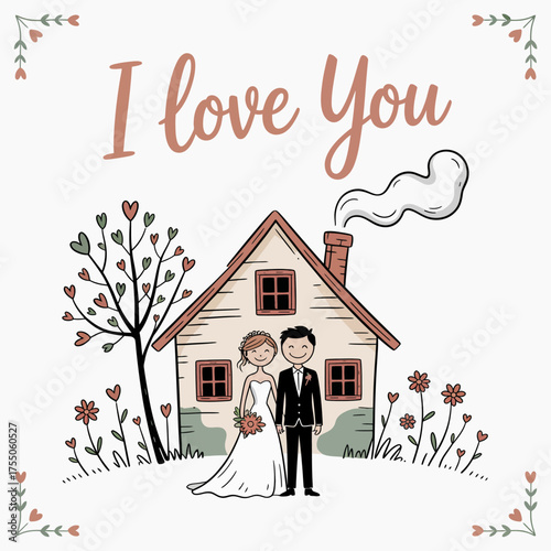 Romantic Union: An endearing couple stands joyfully before a quaint home, symbolizing their eternal bond with I Love You inscription. The illustration encapsulates the warmth of love and commitment.