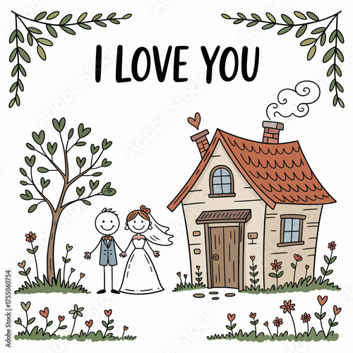 Sweet Home of Love: A delightful illustration of a newly wedded couple standing hand-in-hand next to their cozy home, surrounded by blooming flowers, and the heartwarming message I love you.