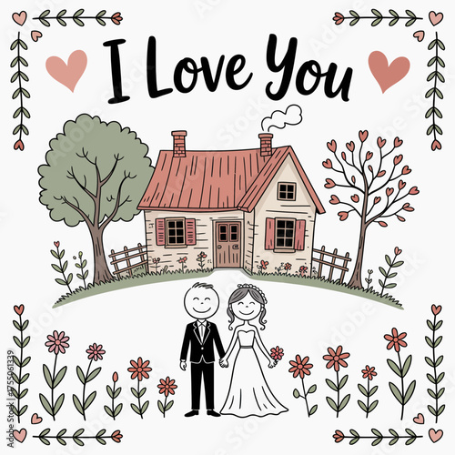Love's Eternal Abode: A charming illustration depicts a couple, hand-in-hand, standing before their dream home, surrounded by blooming flowers, and the loving phrase I Love You above them