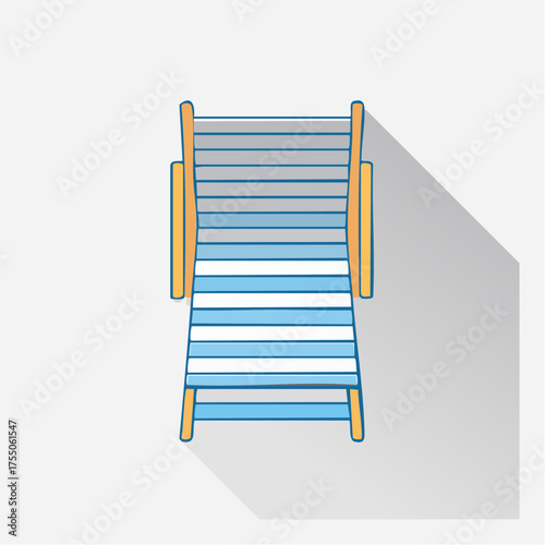Top-down view of a blue and white striped wooden deck chair with yellow armrests and a long gray shadow.