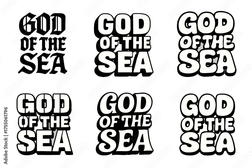 Fototapeta premium God of Sea Typography. God of the Sea. Set lettering. harmonious lettering variations of the same emblematic concept (Gothic-inspired decorative type, 3D