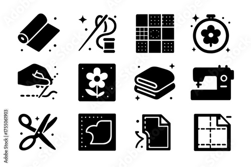 Quilt Craft Icons. Quilt Making Process. Solid icons set of Quilt Making Process: fabric, needle, thread, patchwork, quilting square, embroidery hoop, hand