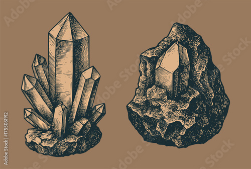 Hand-drawn vintage quartz crystal cluster on neutral taupe background, perfect for geology, science, or decor art.