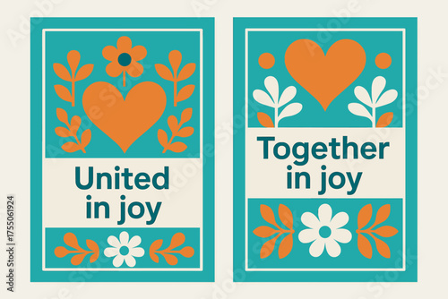 Joyful Abstract Banners. United in joy. Two vertical A6 banners with safe margins, centered composition, no elements touching edges, geometric, turquoise and