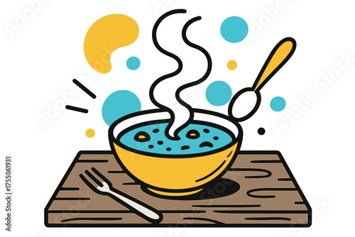 Minimalist Soup Scene. Rustic Meal. Simple bowl of soup on wooden table, floating abstract steam and minimal utensils, cozy humble atmosphere. Modern flat-line