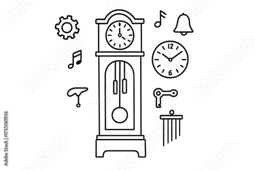 Grandfather Clock Doodle. Grandfather Clock. Hand-drawn doodle illustration Grandfather Clock tall clock pendulum face weights gears hands key chime cabinet