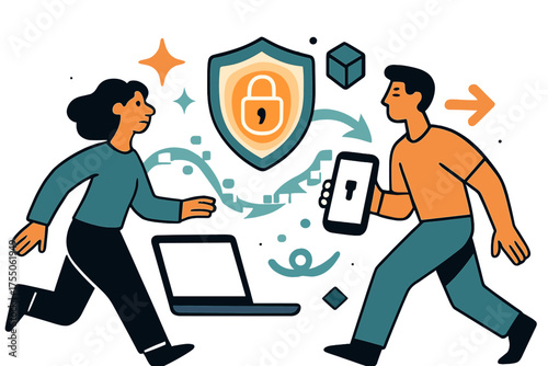 Dynamic Data Security. Secure transfer. Glowing shield and lock icons surrounding streams of encrypted data flowing between devices. Floating icons of sparkle,