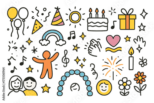 Party Celebration Doodles. Fun. Hand-drawn doodle illustration Balloons, confetti, party hat, cake, gift, dancing, clapping hands, sparkles, music notes,