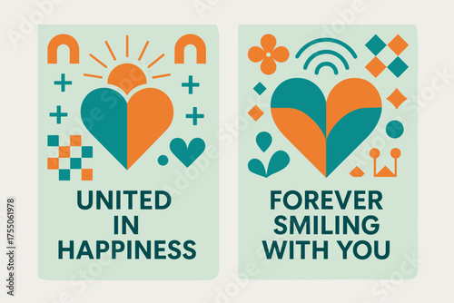 Joyful Abstract Banners. United in happiness. Two vertical A6 banners with safe margins, centered composition, no elements touching edges, geometric, turquoise