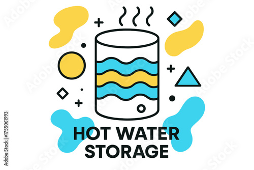 Abstract Heat Storage. Hot Water Storage. Abstract cylinder representing thermal storage, floating wavy lines showing heat distribution, geometric shapes for